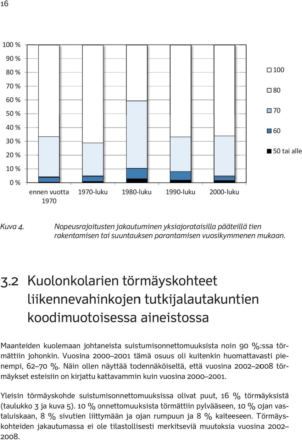 2 Kuolonkolarien törmäyskohteet liikennevahinkojenn tutkijalautakuntien koodimuotoisessa aineistossa Maanteiden kuolemaan johtaneista suistumisonnettomuuksista noin 9 %:ssa tör- pie- mättiin johonkin.