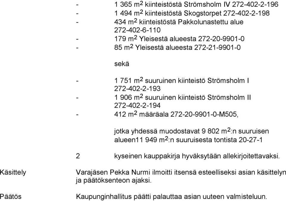 272-402-2-194 - 412 m 2 määräala 272-20-9901-0-M505, jotka yhdessä muodostavat 9 802 m 2 :n suuruisen alueen11 949 m 2 :n suuruisesta tontista 20-27-1 2 kyseinen kauppakirja hyväksytään