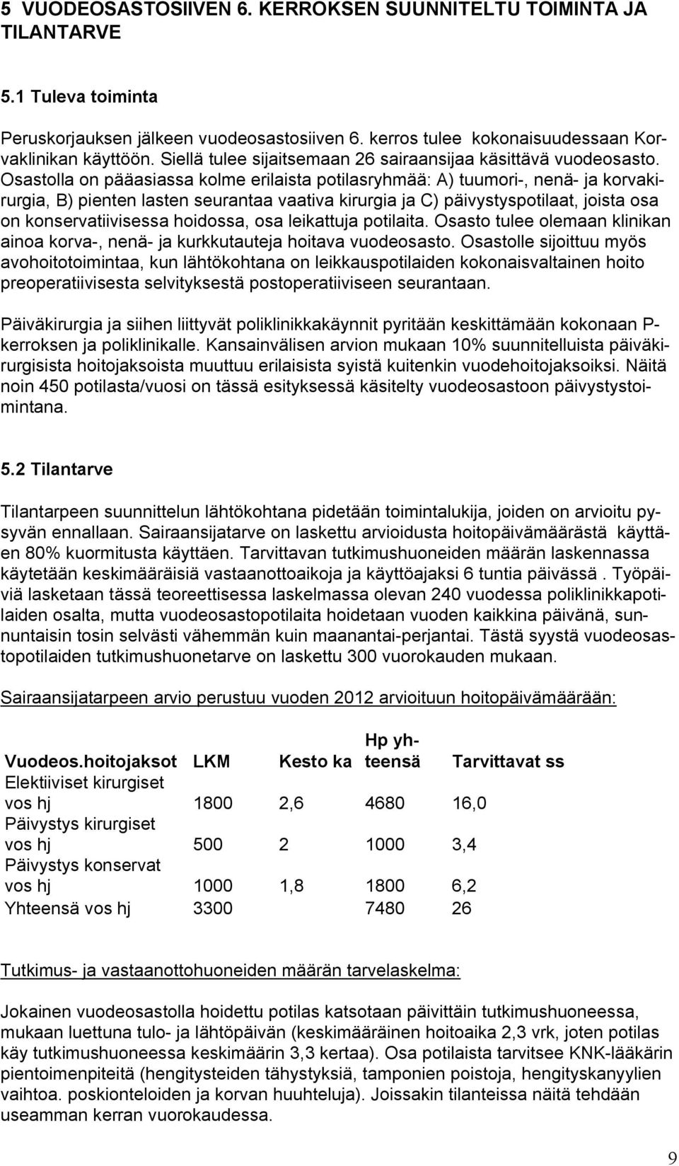 Osastolla on pääasiassa kolme erilaista potilasryhmää: A) tuumori, nenä ja korvakirurgia, B) pienten lasten seurantaa vaativa kirurgia ja C) päivystyspotilaat, joista osa on konservatiivisessa