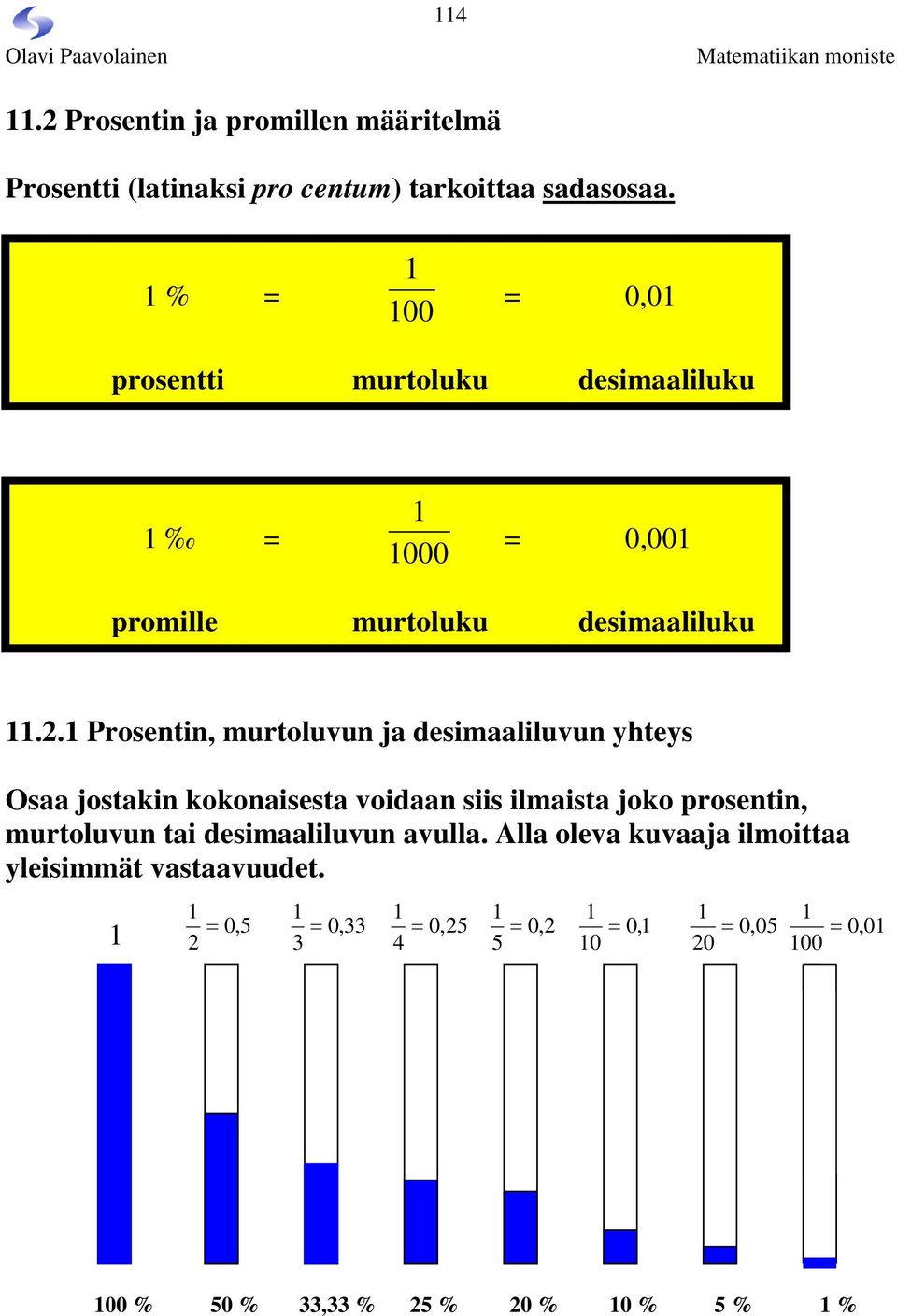 1 Prosentin, murtoluvun ja desimaaliluvun yhteys Osaa jostakin kokonaisesta voidaan siis ilmaista joko prosentin, murtoluvun tai