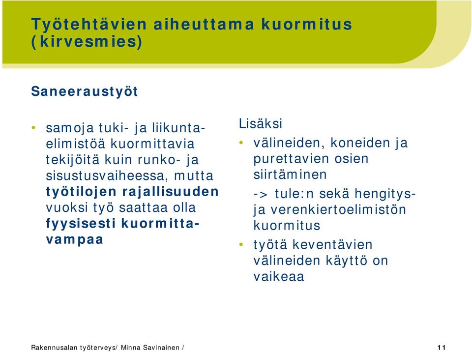 kuormittavampaa Lisäksi välineiden, koneiden ja purettavien osien siirtäminen -> tule:n sekä hengitysja