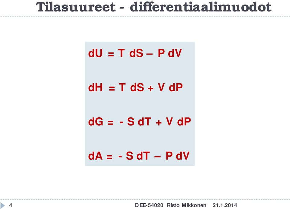 dv d = T ds + V d dg = - S dt +