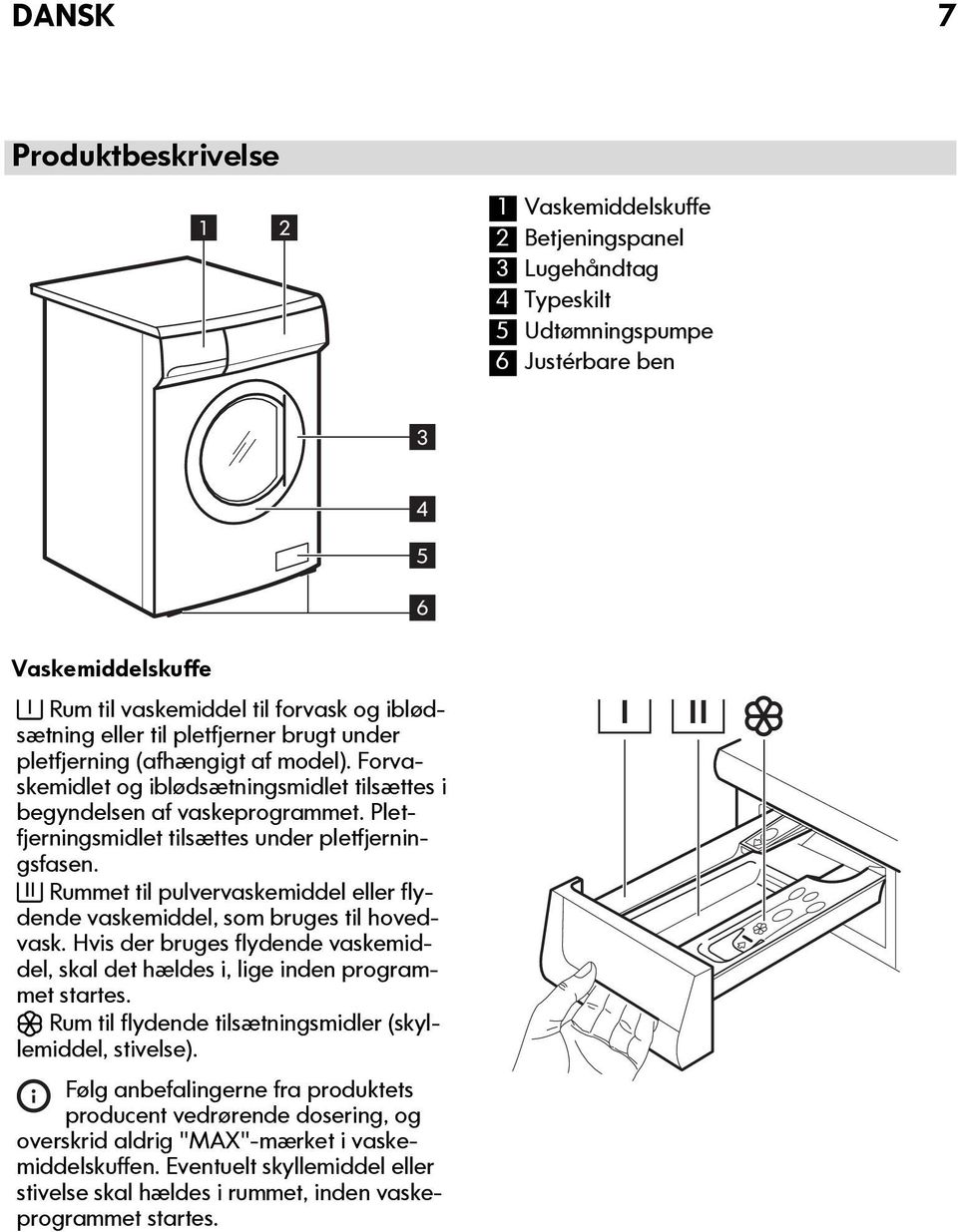 Pletfjerningsmidlet tilsættes under pletfjerningsfasen. Rummet til pulvervaskemiddel eller flydende vaskemiddel, som bruges til hovedvask.