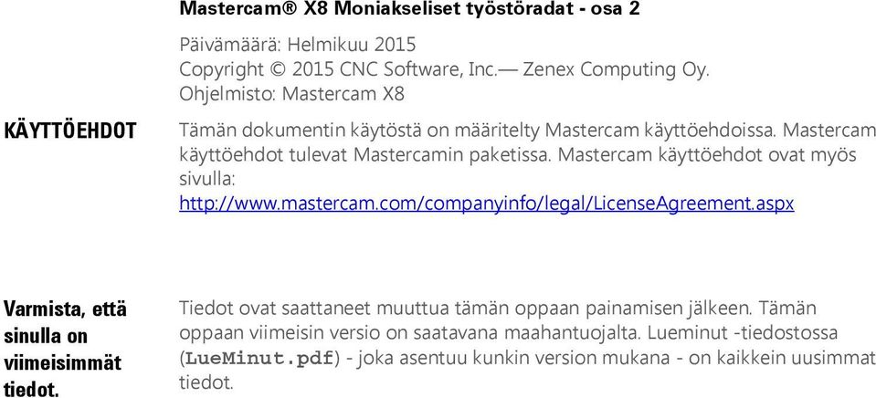 Mastercam käyttöehdot ovat myös sivulla: http://www.mastercam.com/companyinfo/legal/licenseagreement.aspx Varmista, että sinulla on viimeisimmät tiedot.