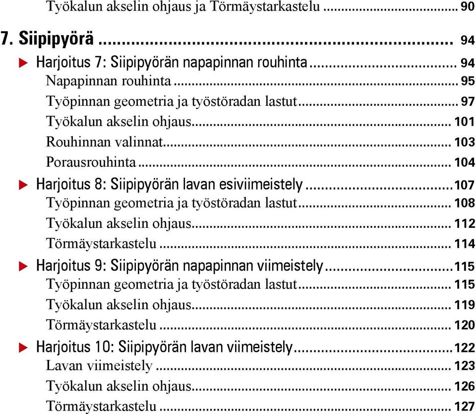 ..107 Työpinnan geometria ja työstöradan lastut... 108 Työkalun akselin ohjaus... 112 Törmäystarkastelu... 114 Harjoitus 9: Siipipyörän napapinnan viimeistely.