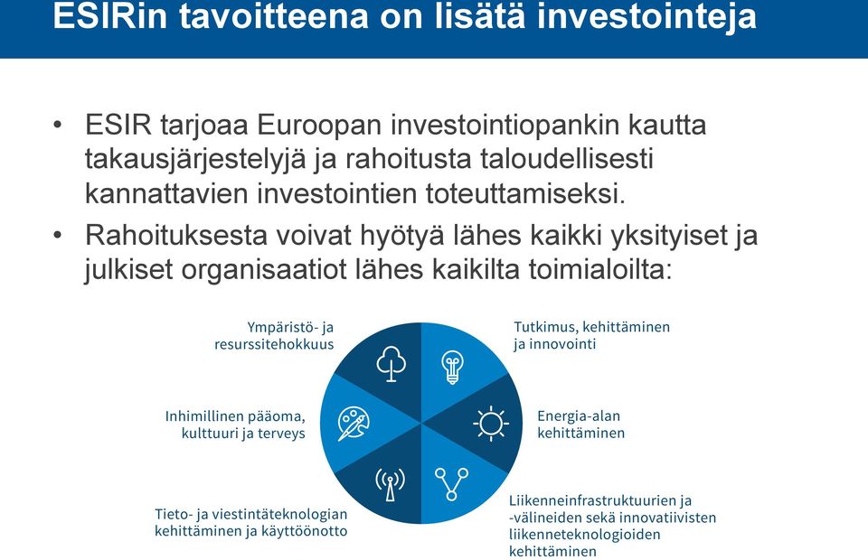 Rahoituksesta voivat hyötyä lähes kaikki yksityiset ja ESIRin mahdollistamasta rahoituksesta voivat hyötyä lähes kaikki julkiset organisaatiot suomalaiset yritykset lähes ja