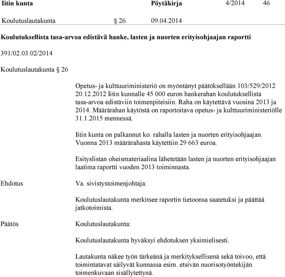 Raha on käytettävä vuosina 2013 ja 2014. Määrärahan käytöstä on raportoitava opetus- ja kulttuuriministeriölle 31.1.2015 mennessä. Iitin kunta on palkannut ko.