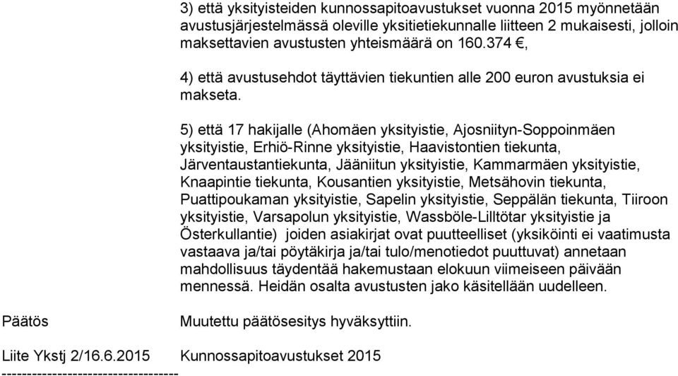 5) että 17 hakijalle (Ahomäen yksityistie, Ajosniityn-Soppoinmäen Järventaustantiekunta, Jääniitun yksityistie, Kammarmäen yksityistie, Österkullantie) joiden asiakirjat ovat puutteelliset