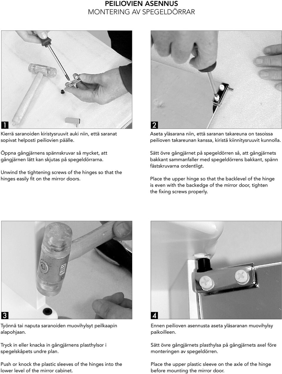 Unwind the tightening screws of of the the hinges hinges so that so that the the hinges easily fit on the the mirror doors.