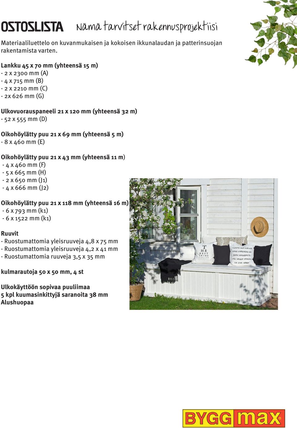 (yhteensä 5 m) - 8 x 460 mm (E) Oikohöylätty puu 21 x 43 mm (yhteensä 11 m) - 4 x 460 mm (F) - 5 x 665 mm (H) - 2 x 650 mm (J1) - 4 x 666 mm (J2) Oikohöylätty puu 21 x 118 mm (yhteensä 16 m) - 6 x