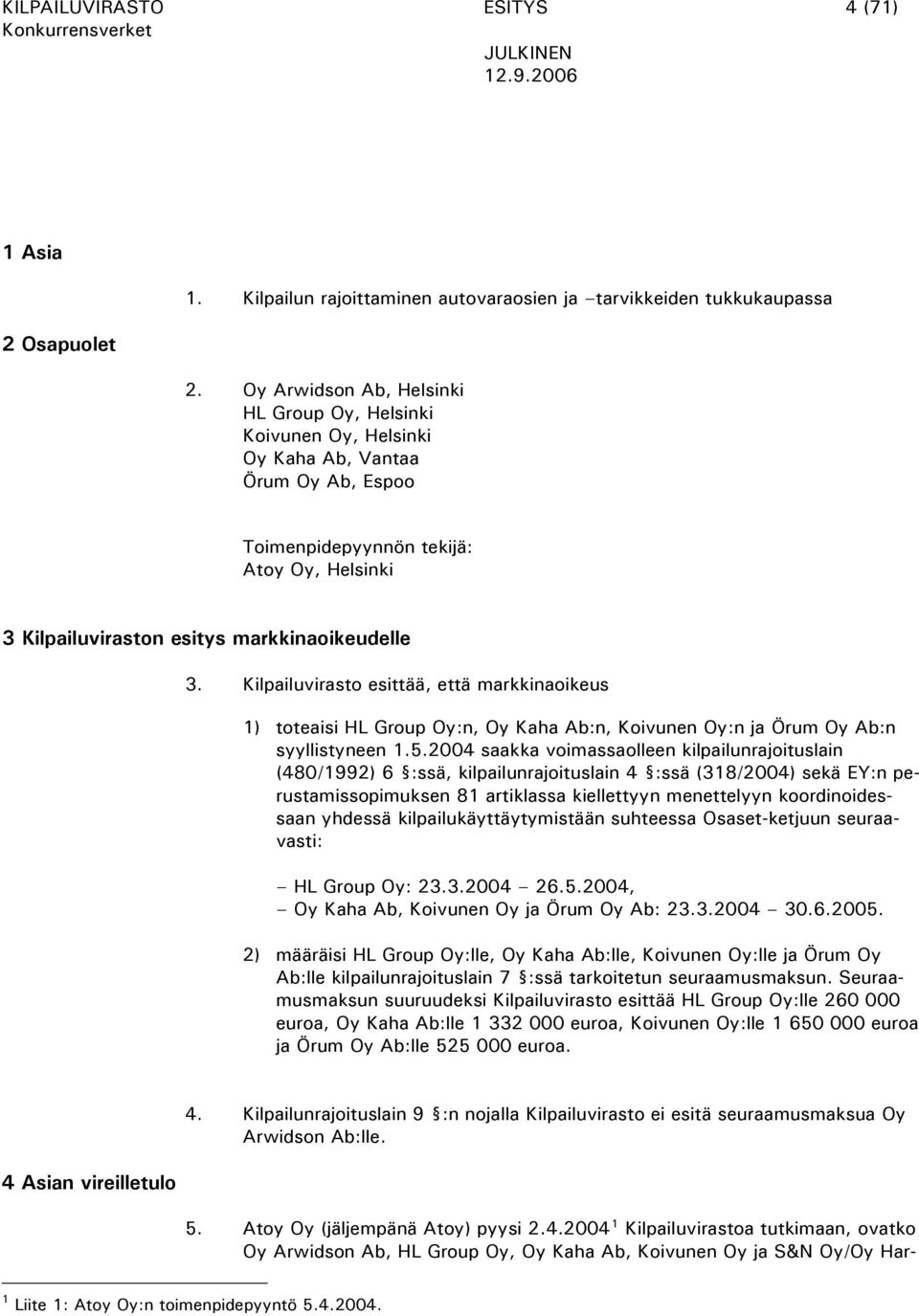 Kilpailuvirasto esittää, että markkinaoikeus 1) toteaisi HL Group Oy:n, Oy Kaha Ab:n, Koivunen Oy:n ja Örum Oy Ab:n syyllistyneen 1.5.