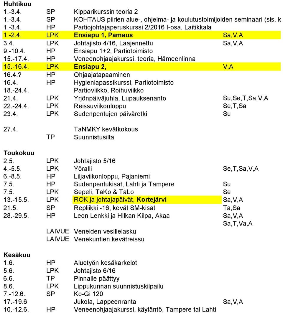 4.? HP Ohjaajatapaaminen 16.4. HP Hygieniapassikurssi, Partiotoimisto 18.-24.4. Partioviikko, Roihuviikko 21.4. LPK Yrjönpäiväjuhla, Lupauksenanto Su,Se,T,Sa,V,A 22.-24.4. LPK Reissuviikonloppu Se,T,Sa 23.