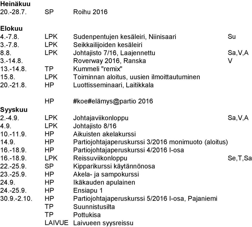 -11.9. HP Aikuisten akelakurssi 14.9. HP Partiojohtajaperuskurssi 3/2016 monimuoto (aloitus) 16.-18.9. HP Partiojohtajaperuskurssi 4/2016 I-osa 16.-18.9. LPK Reissuviikonloppu Se,T,Sa 22.-25.9. SP Kipparikurssi käytännönosa 23.