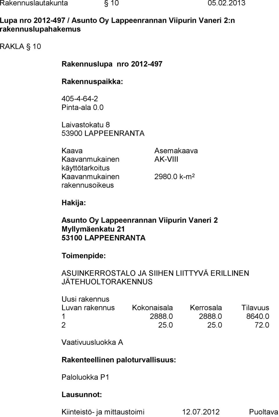 0 Laivastokatu 8 53900 LAPPEENRANTA Kaava Kaavanmukainen käyttötarkoitus Kaavanmukainen rakennusoikeus Asemakaava AK-VIII 2980.