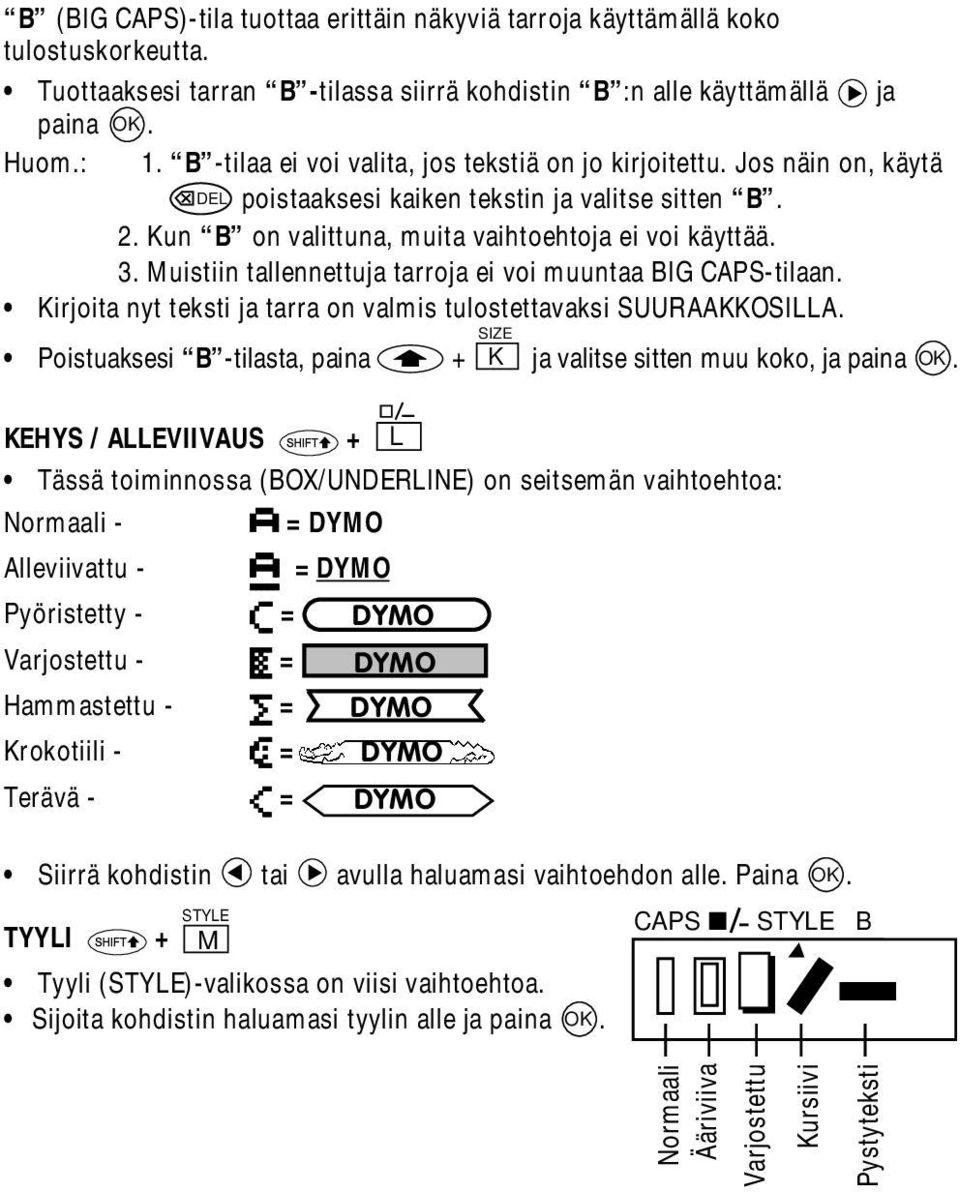 Muistiin tallennettuja tarroja ei voi muuntaa BIG CAPS-tilaan. Kirjoita nyt teksti ja tarra on valmis tulostettavaksi SUURAAKKOSILLA.