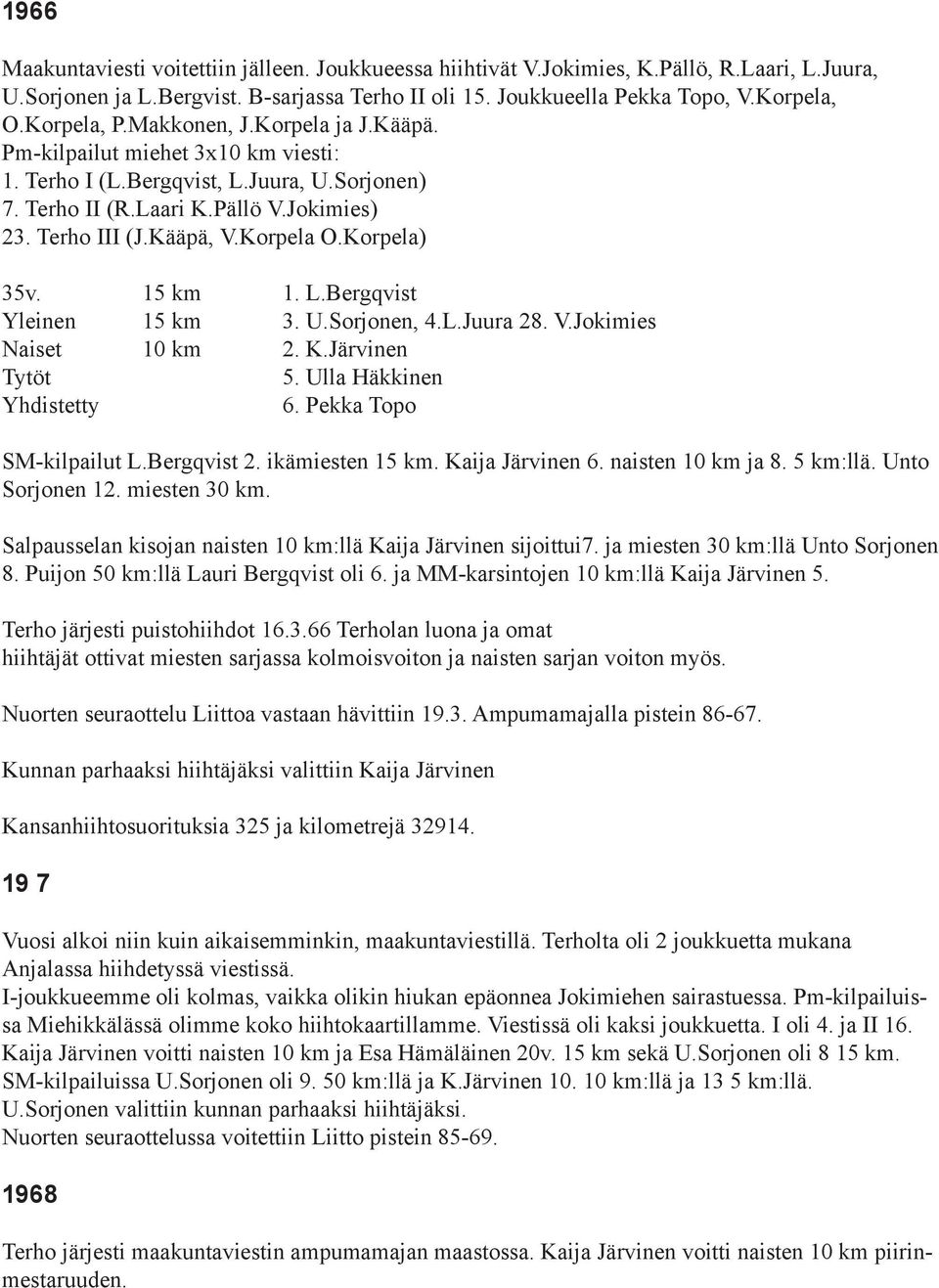 Korpela O.Korpela) 35v. 15 km 1. L.Bergqvist Yleinen 15 km 3. U.Sorjonen, 4.L.Juura 28. V.Jokimies Naiset 10 km 2. K.Järvinen Tytöt 5. Ulla Häkkinen Yhdistetty 6. Pekka Topo SM-kilpailut L.