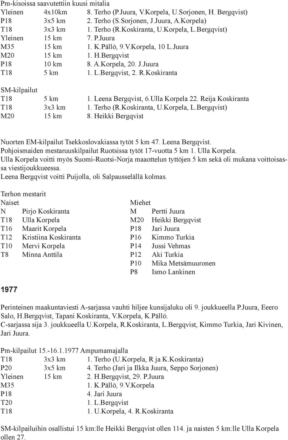 Koskiranta SM-kilpailut T18 5 km 1. Leena Bergqvist, 6.Ulla Korpela 22. Reija Koskiranta T18 3x3 km 1. Terho (R.Koskiranta, U.Korpela, L.Bergqvist) M20 15 km 8.