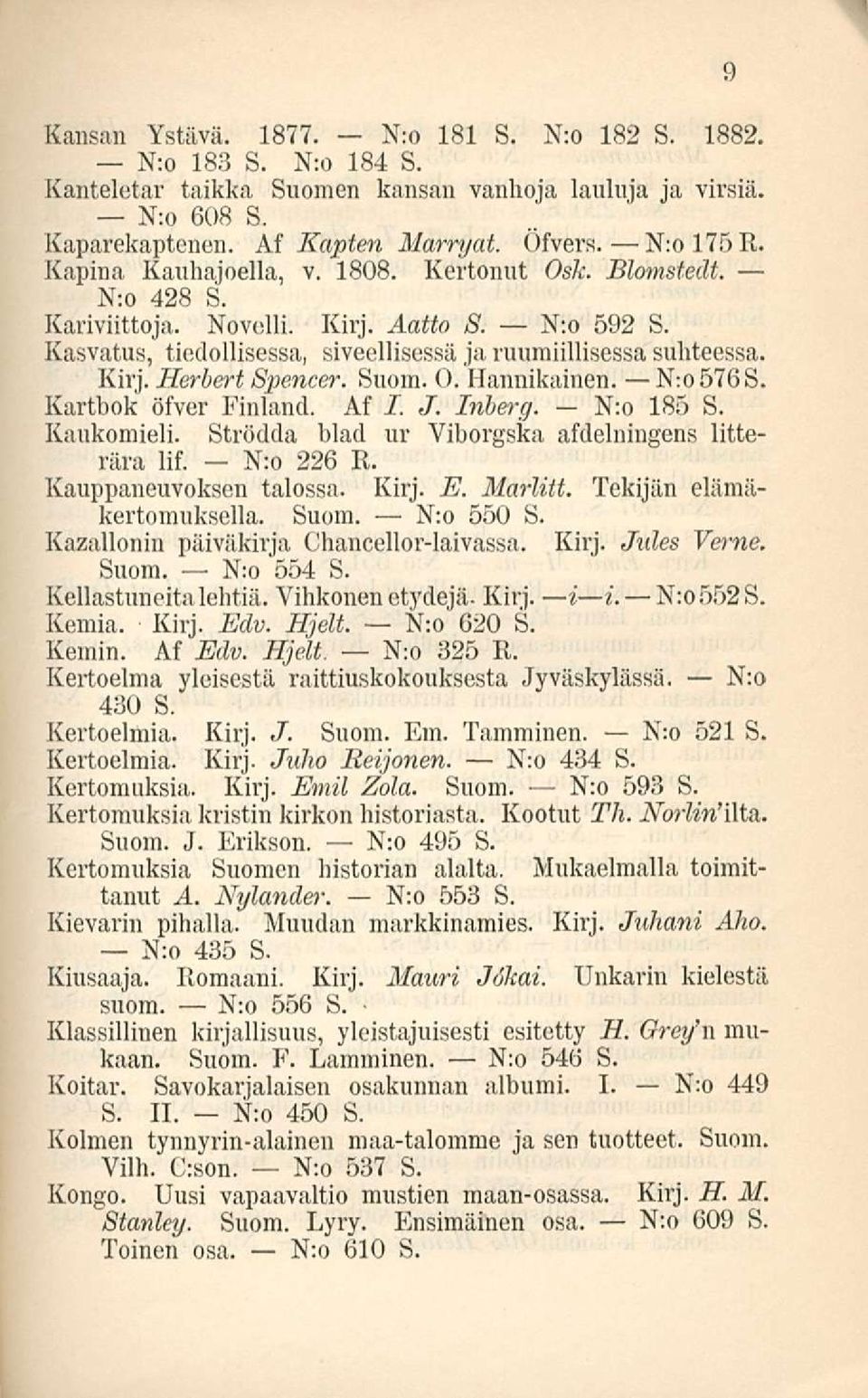 Suom. O. Hannikainen. N:oS76S. Kartbok öfver Finland. Af I. J. Inberg. N:o 185 S. Kaukomieli. Strödda blad ur Viborgska afdclningens litterära lif. N:o 226 R. Kauppaneuvoksen talossa. Kirj. E.