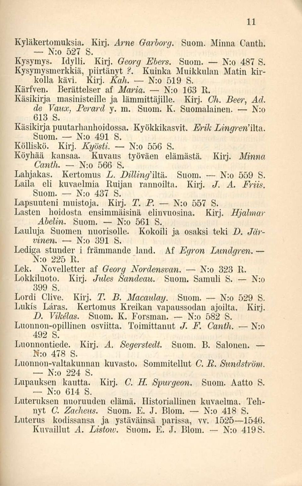 Käsikirja puutarhanhoidossa. Kyökkikasvit. Erik Lingren'ilta.. Suom. N:o 491 S. Kölliskö. Kirj. Kyösti. N:o 556 S. Köyhää kansaa. Kuvaus työväen elämästä. Kirj. Minna Canth. N:o 566 S. Lahjakas.