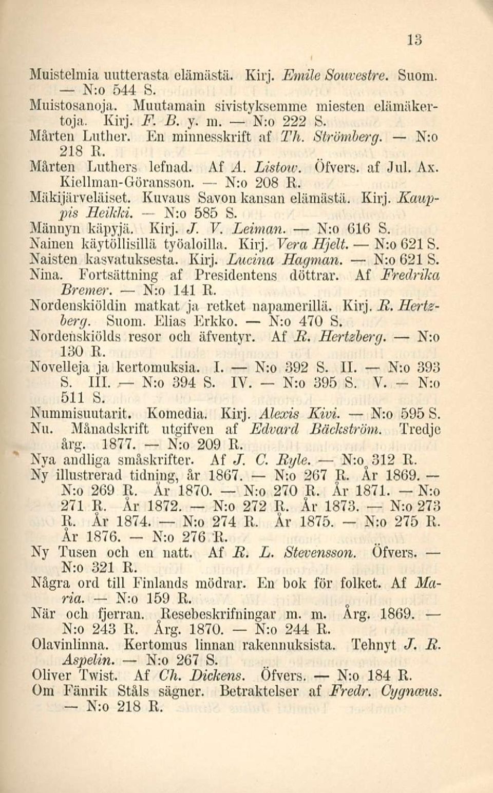 Kanppis Heikki. N:o 585 S. Männyn käpyjä. Kirj. J. V. Leiman. N:o 616 S. Nainen käytöllisillä työaloilla. Kirj. Vera Hjelt N:o 621 S. Naisten kasvatuksesta. Kirj. Lucina Hagman. N:o 621 S. Nina.