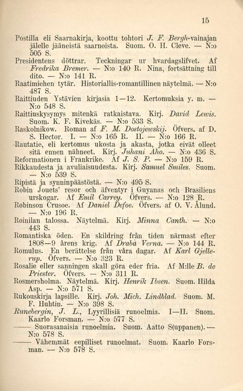 N:o 548 S. Raittiuskysymys mitenkä ratkaistava. Kirj. David Lewis. - Suom. K. F. Kivekäs. 533 S. Raskolnikow. Roman af F. M. DostojewsJäj. Öfvers. af D. S. Hector. I. N:o 165 R. 11. N:o 166 R.