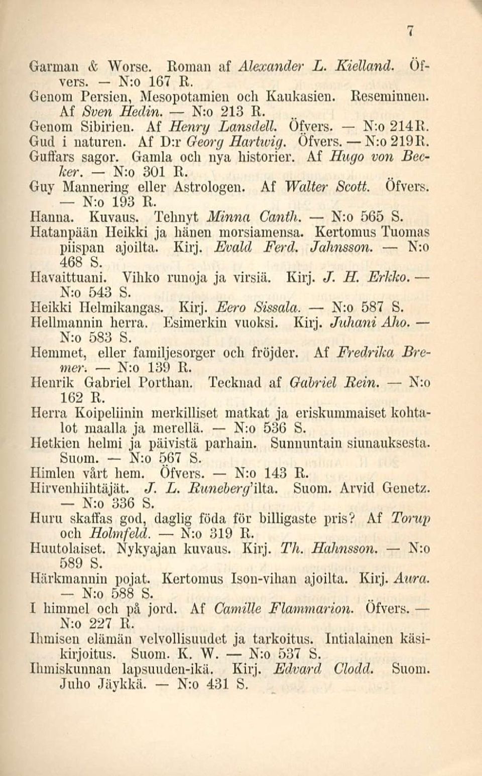 Hanna. Kuvaus. Tehnyt Minna Canth. N:o 565 S. Hatanpään Heikki ja hänen morsiamensa. Kertomus Tuomas piispan ajoilta. Kirj. Evald Ferd. Jahnsson. N:o 468 S. Havaittuani. Vihko runoja ja virsiä. Kirj. J. H. Erkko.