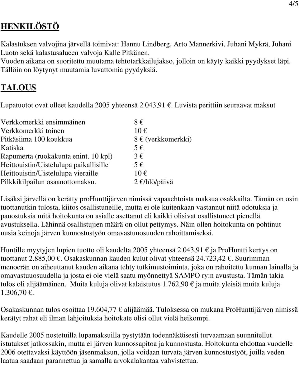 TALOUS Lupatuotot ovat olleet kaudella 2005 yhteensä 2.043,91.