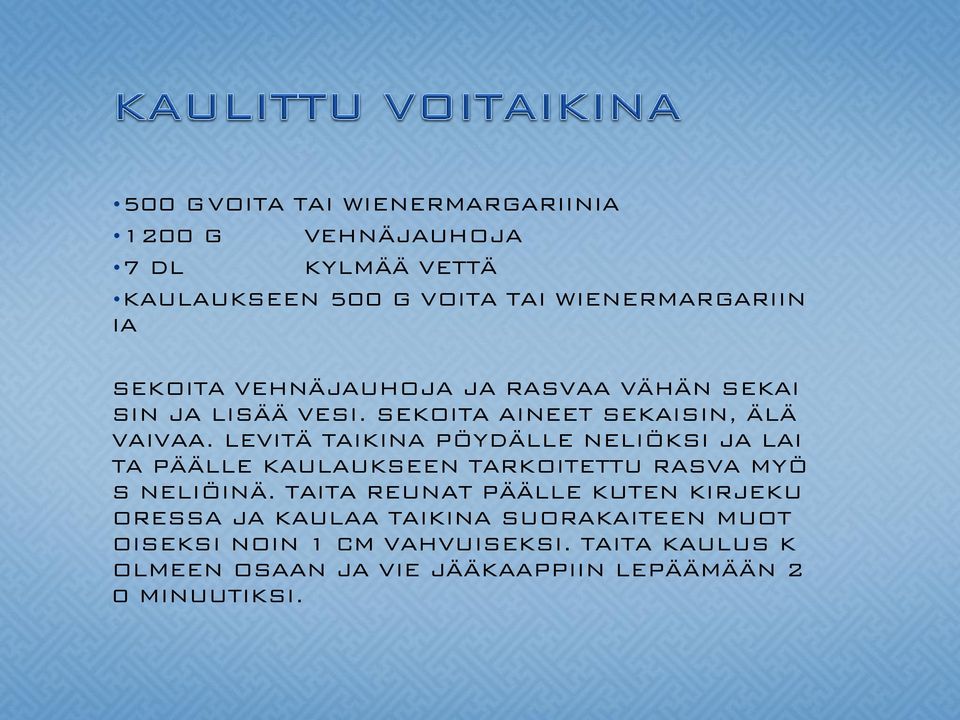 LEVITÄ TAIKINA PÖYDÄLLE NELIÖKSI JA LAI TA PÄÄLLE KAULAUKSEEN TARKOITETTU RASVA MYÖ S NELIÖINÄ.