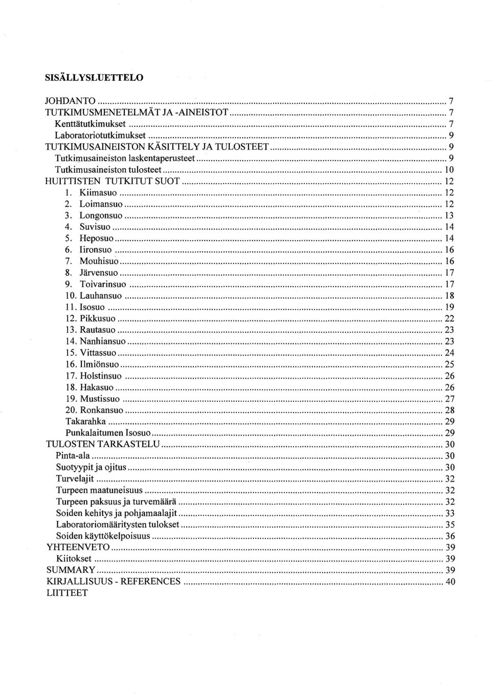 Toivarinsuo 17 10. Lauhansuo 18 11. Isosuo 19 12. Pikkusuo 22 13. Rautasuo 23 14. Nanhiansuo 23 15. ittassuo 24 16. IlmiÖnsuo 25 17. Holstinsuo 26 18. Hakasuo 26 19. Mustissuo 27 20.