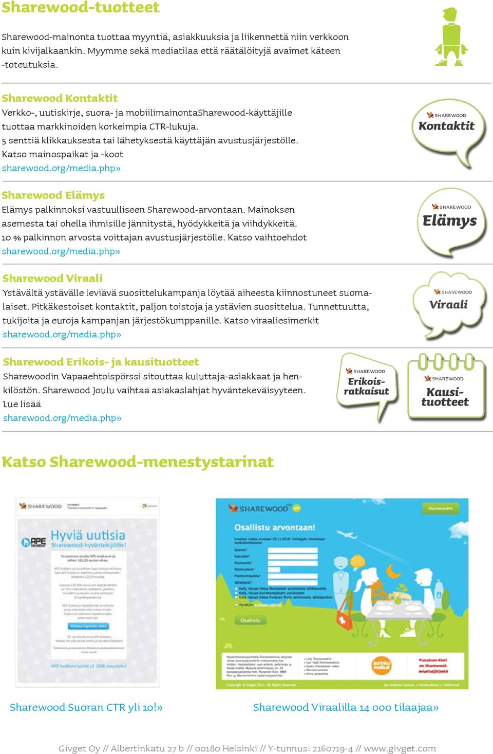 5 senttiä klikkauksesta tai lähetyksestä käyttäjän avustusjärjestölle. Katso mainospaikat ja -koot Sharewood Elämys Elämys palkinnoksi vastuulliseen Sharewood-arvontaan.