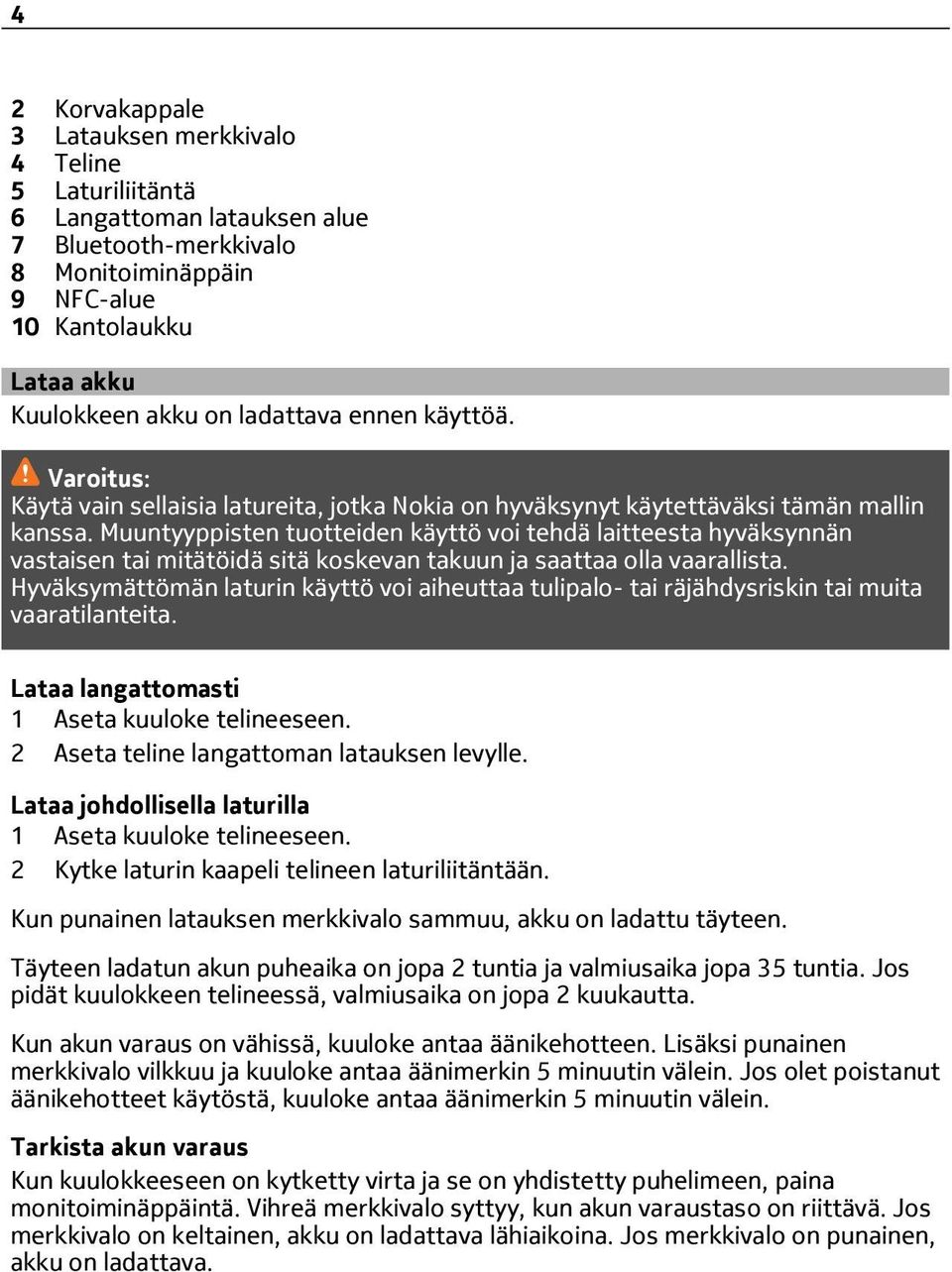 Muuntyyppisten tuotteiden käyttö voi tehdä laitteesta hyväksynnän vastaisen tai mitätöidä sitä koskevan takuun ja saattaa olla vaarallista.