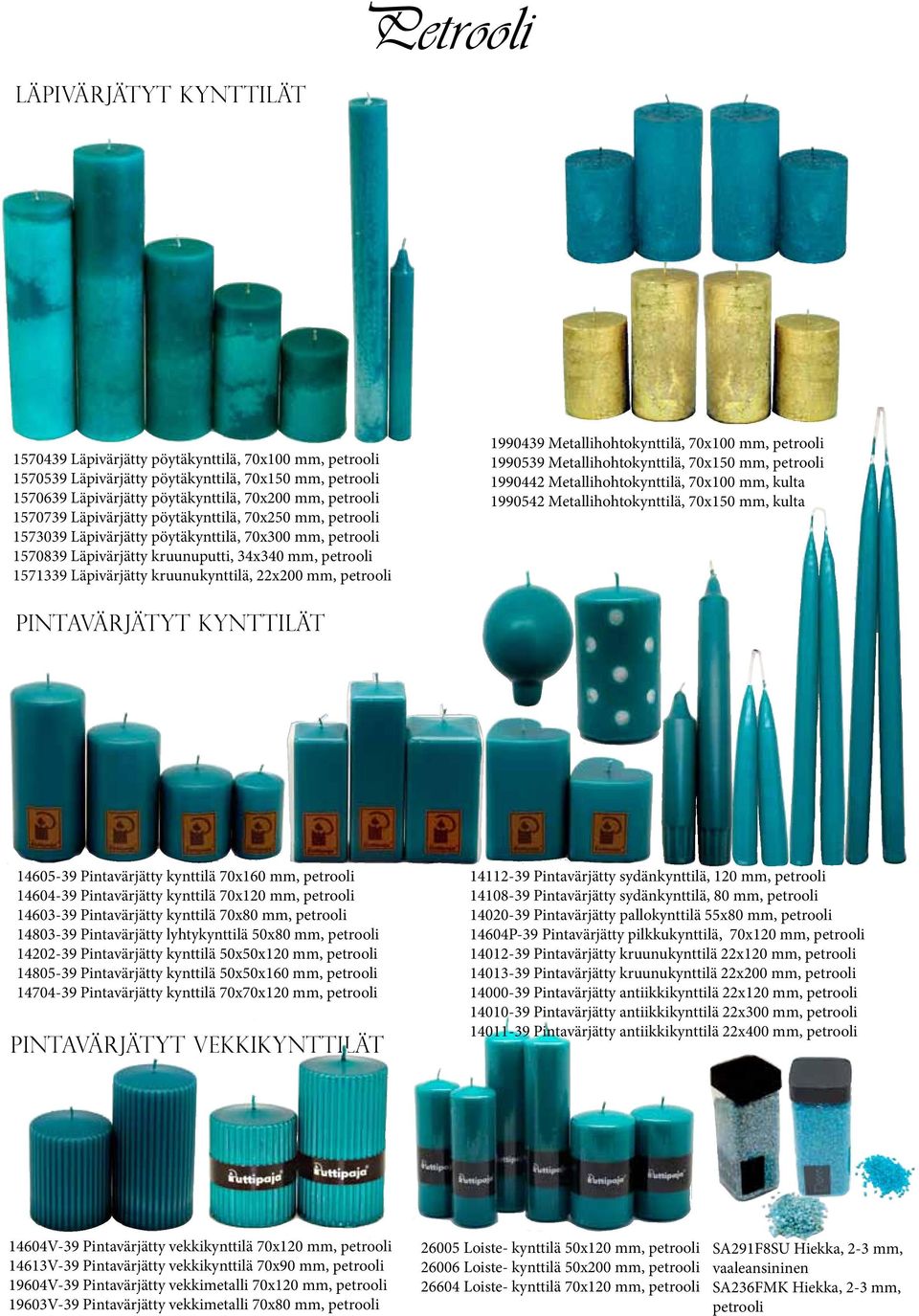 kruunukynttilä, 22x200 mm, petrooli 1990439 Metallihohtokynttilä, 70x100 mm, petrooli 1990539 Metallihohtokynttilä, 70x150 mm, petrooli 1990442 Metallihohtokynttilä, 70x100 mm, kulta 1990542