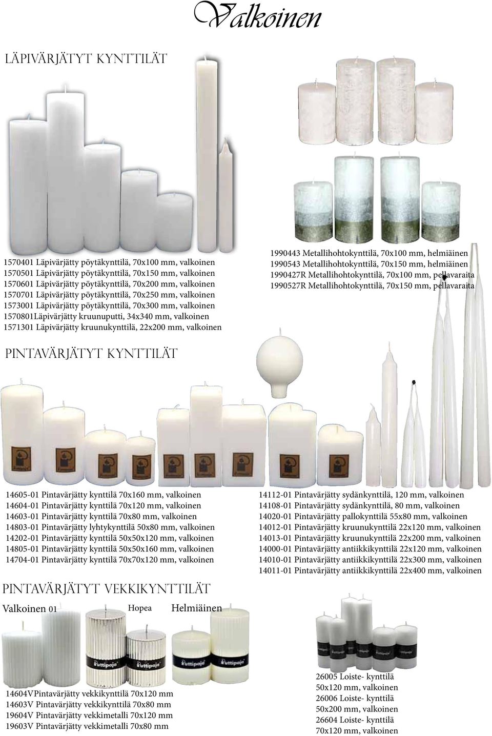 kruunukynttilä, 22x200 mm, valkoinen 1990443 Metallihohtokynttilä, 70x100 mm, helmiäinen 1990543 Metallihohtokynttilä, 70x150 mm, helmiäinen 1990427R Metallihohtokynttilä, 70x100 mm, pellavaraita