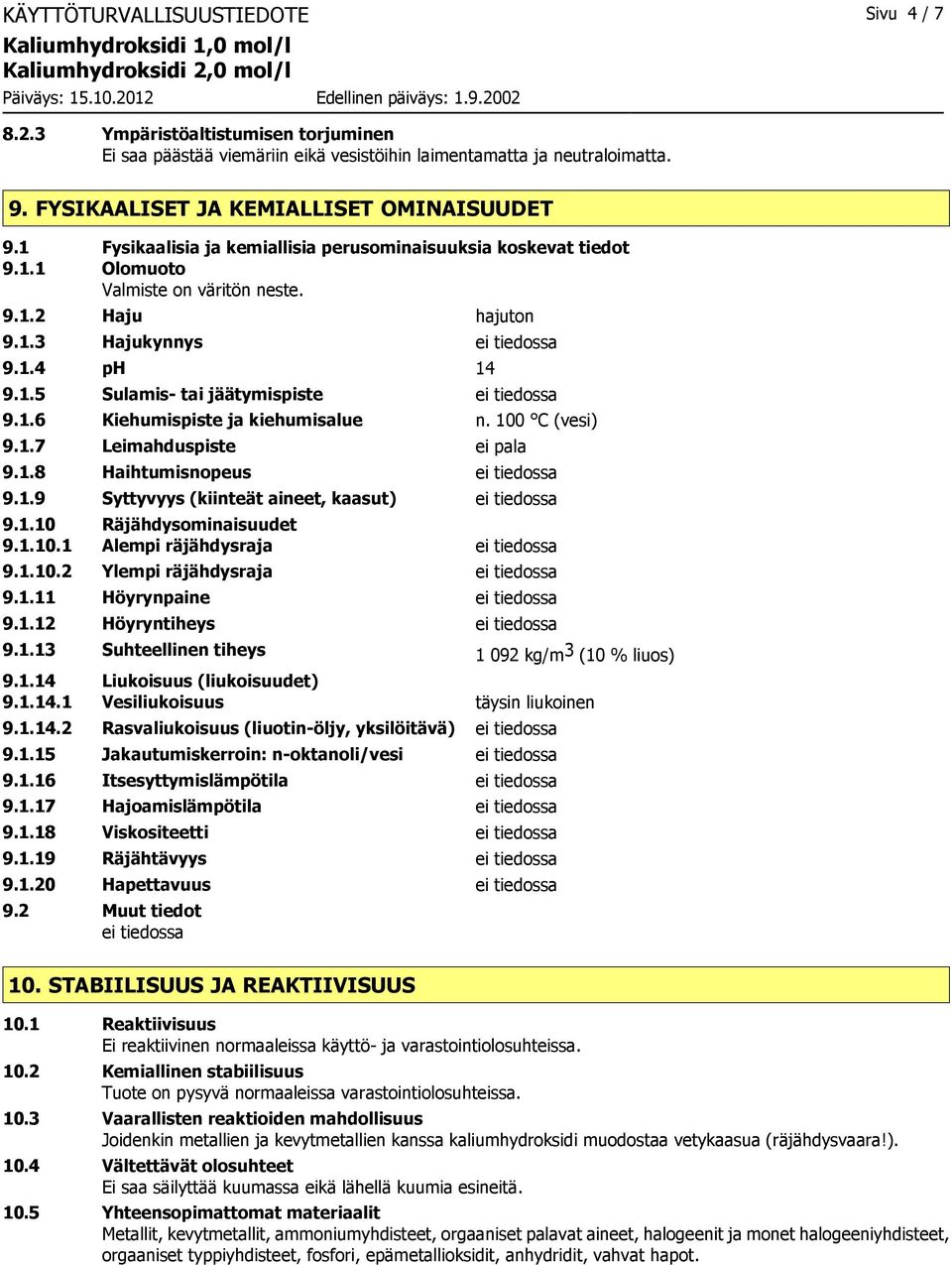 1.6 Kiehumispiste ja kiehumisalue n. 100 C (vesi) 9.1.7 Leimahduspiste ei pala 9.1.8 Haihtumisnopeus ei tiedossa 9.1.9 Syttyvyys (kiinteät aineet, kaasut) ei tiedossa 9.1.10 Räjähdysominaisuudet 9.1.10.1 Alempi räjähdysraja ei tiedossa 9.