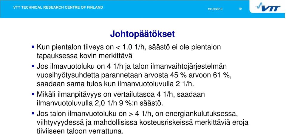 vuosihyötysuhdetta parannetaan arvosta 45 % arvoon 61 %, saadaan sama tulos kun ilmanvuotoluvulla 2 1/h.