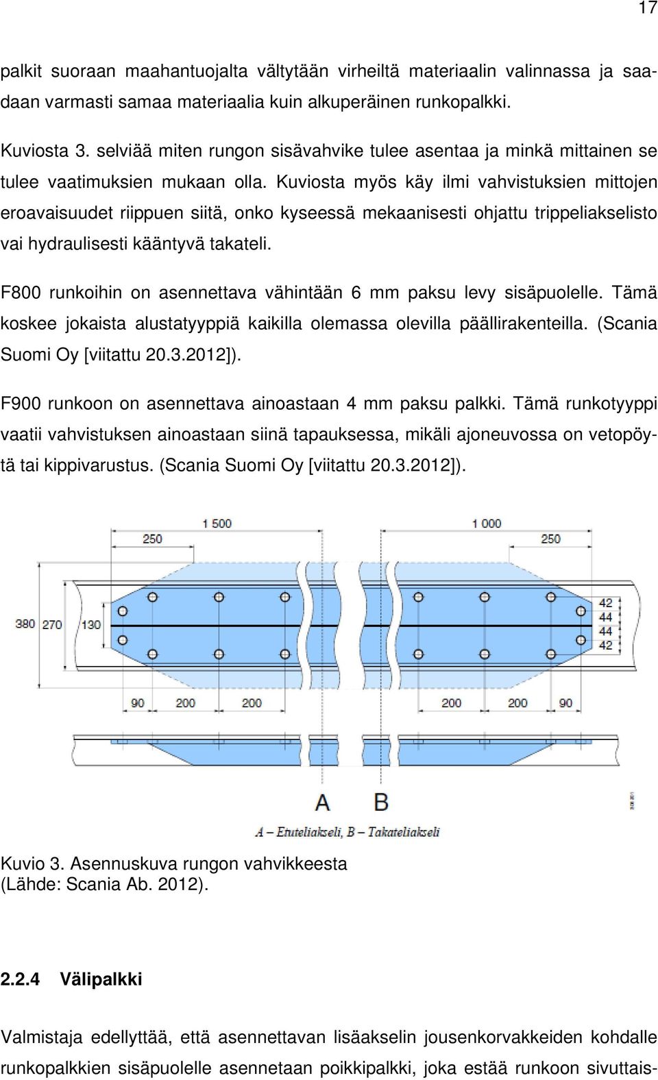 Kuviosta myös käy ilmi vahvistuksien mittojen eroavaisuudet riippuen siitä, onko kyseessä mekaanisesti ohjattu trippeliakselisto vai hydraulisesti kääntyvä takateli.