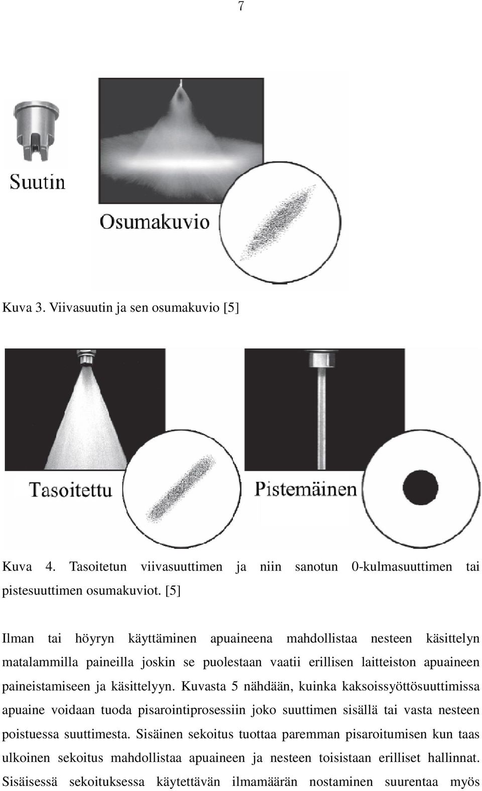 käsittelyyn. Kuvasta 5 nähdään, kuinka kaksoissyöttösuuttimissa apuaine voidaan tuoda pisarointiprosessiin joko suuttimen sisällä tai vasta nesteen poistuessa suuttimesta.