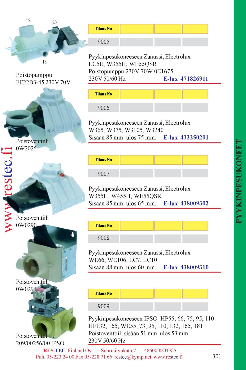 E-lux 432250201 9007 W355H, W455H, WE55QSR Sisään 85 mm. ulos 65 mm. E-lux 438009302 9008 WE66, WE106, LC7, LC10 Sisään 88 mm.