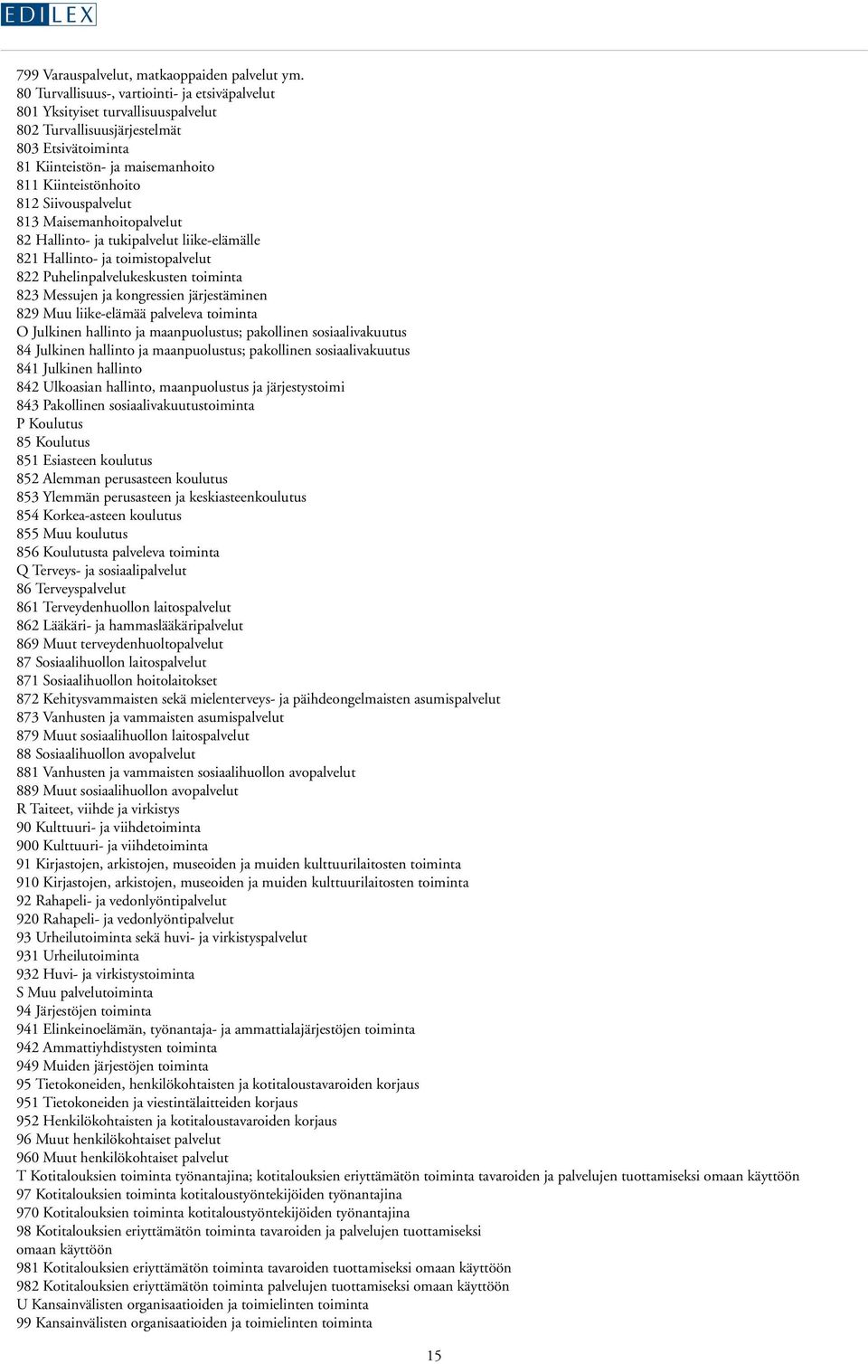 Siivouspalvelut 813 Maisemanhoitopalvelut 82 Hallinto- ja tukipalvelut liike-elämälle 821 Hallinto- ja toimistopalvelut 822 Puhelinpalvelukeskusten toiminta 823 Messujen ja kongressien järjestäminen