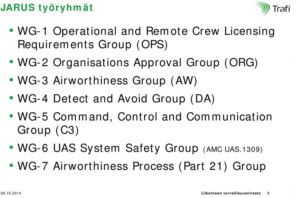 Group (DA) WG-5 Command, Control and Communication Group (C3) WG-6 UAS System Safety Group