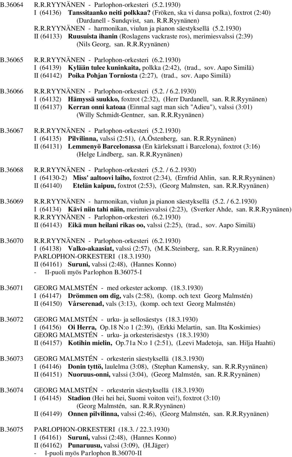 , sov. Aapo Similä) II (64142) Poika Pohjan Torniosta (2:27), (trad., sov. Aapo Similä) B.36066 R.R.RYYNÄNEN - Parlophon-orkesteri (5.2. / 6.2.1930) I (64132) Hämyssä suukko, foxtrot (2:32), (Herr Dardanell, san.