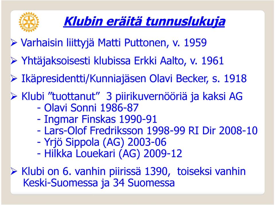 1918 Klubi tuottanut 3 piirikuvernööriä ja kaksi AG - Olavi Sonni 1986-87 - Ingmar Finskas 1990-91 - Lars-Olof