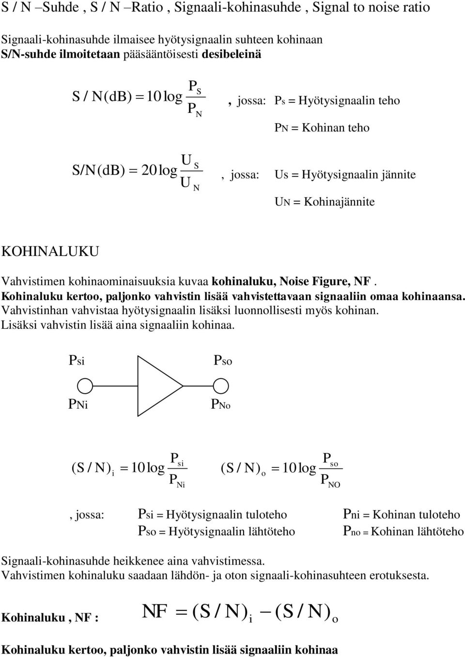 Kohinaluku kertoo, paljonko vahvistin lisää vahvistettavaan signaaliin omaa kohinaansa. Vahvistinhan vahvistaa hyötysignaalin lisäksi luonnollisesti myös kohinan.