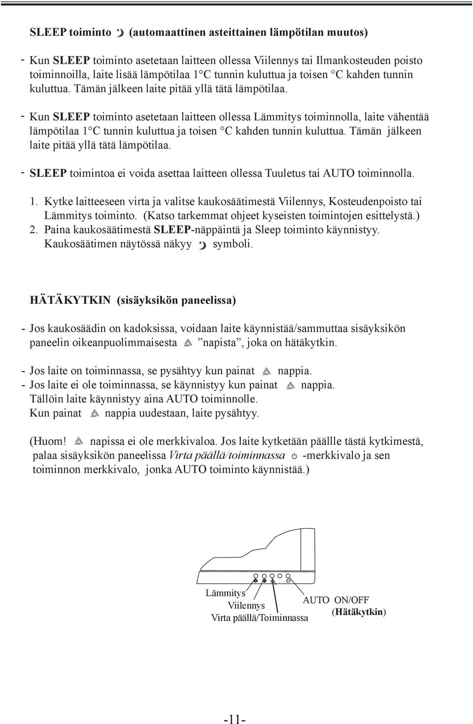 toiminnoilla, laite lisää lämpötilaa 1 C tunnin kuluttua ja toisen C kahden tunnin Names and Functions of Wireless Remote Control kuluttua. Tämän jälkeen laite pitää yllä tätä lämpötilaa.