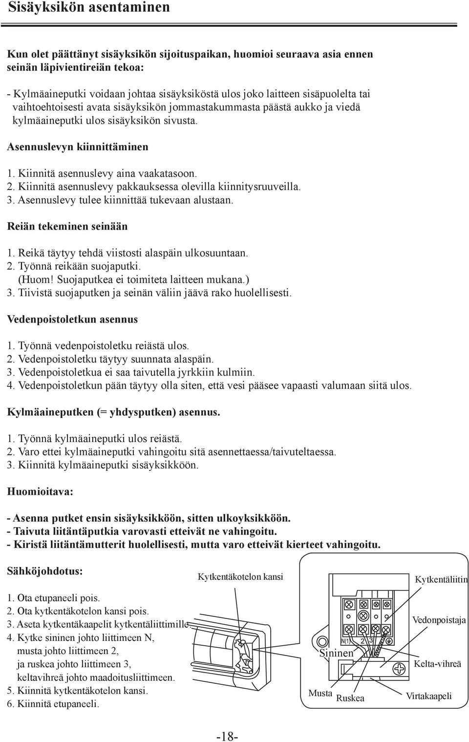 Kiinnitä asennuslevy aina vaakatasoon. 2. Kiinnitä asennuslevy pakkauksessa olevilla kiinnitysruuveilla. 3. Asennuslevy tulee kiinnittää tukevaan alustaan. Reiän tekeminen seinään 1.