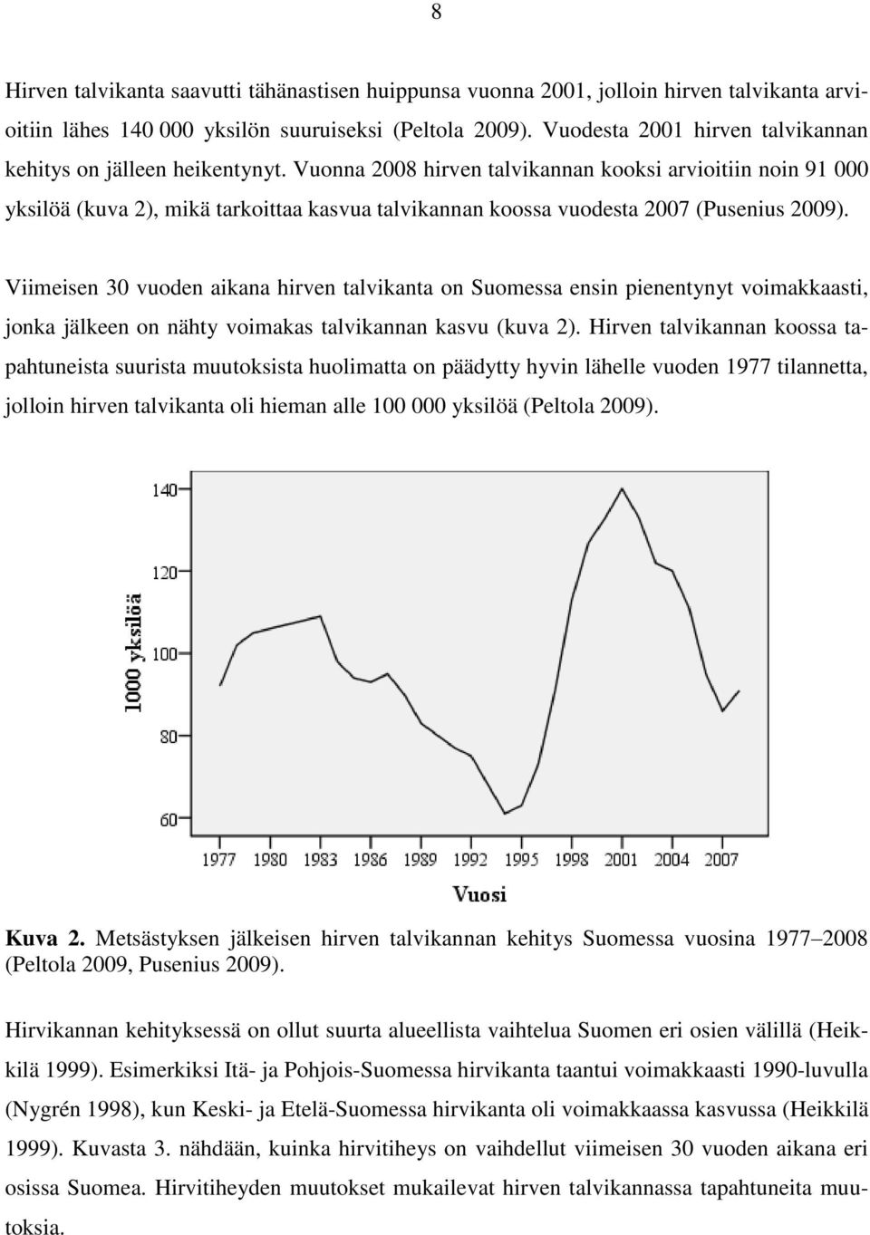 Vuonna 2008 hirven talvikannan kooksi arvioitiin noin 91 000 yksilöä (kuva 2), mikä tarkoittaa kasvua talvikannan koossa vuodesta 2007 (Pusenius 2009).