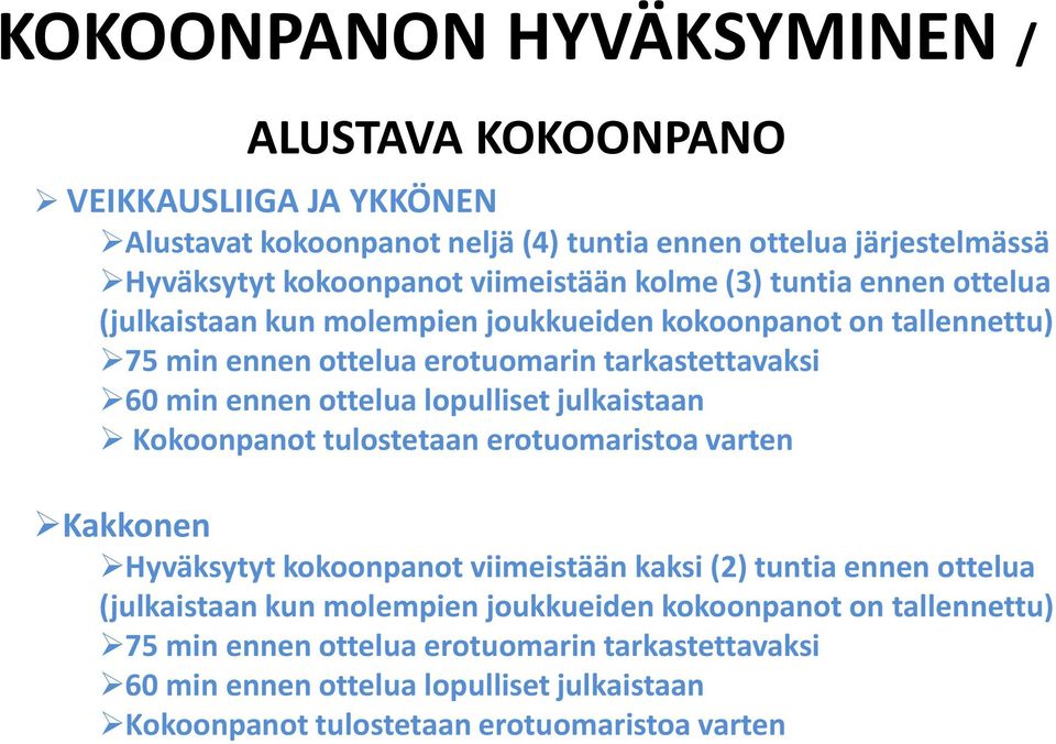 ottelua lopulliset julkaistaan Kokoonpanot tulostetaan erotuomaristoa varten Kakkonen Hyväksytyt kokoonpanot viimeistään kaksi (2) tuntia ennen ottelua (julkaistaan kun