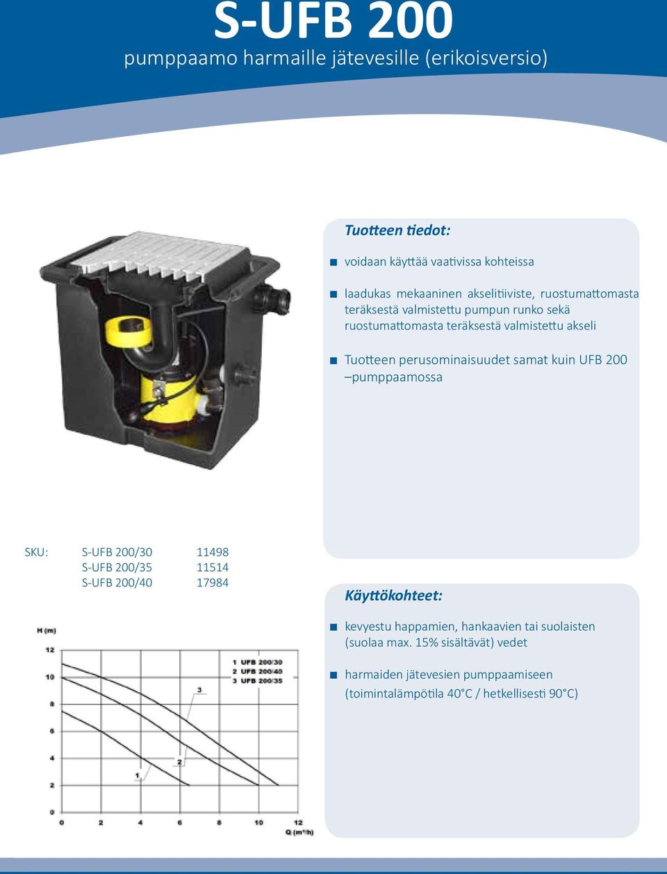 samat kuin UFB 200 pumppaamossa SKU: S-UFB 200/30 11498 S-UFB 200/35 11514 S-UFB 200/40 17984 Käyttökohteet: kevyestu happamien,