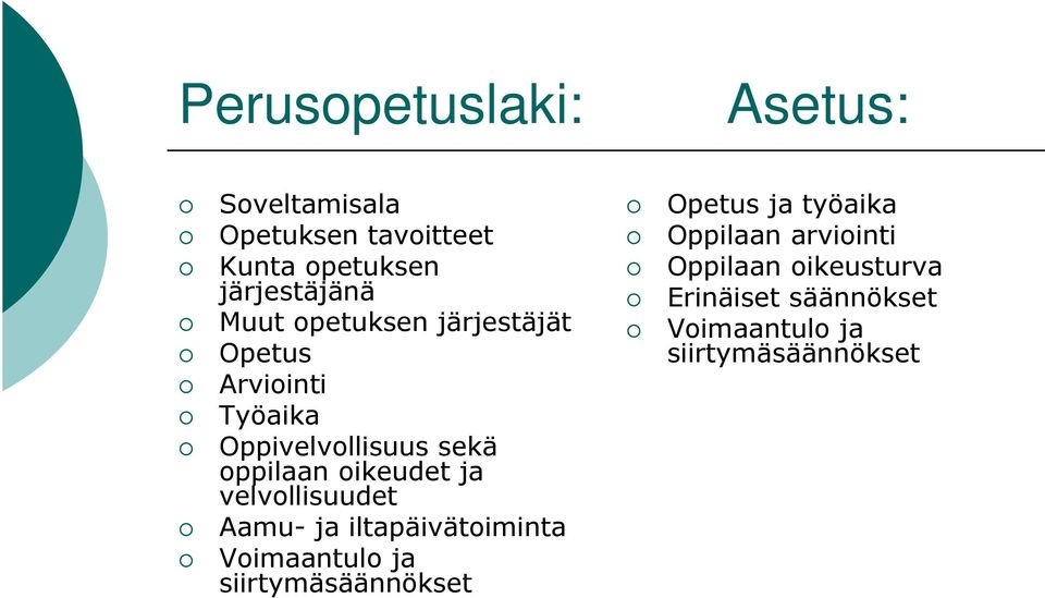 ja velvollisuudet Aamu- ja iltapäivätoiminta Voimaantulo ja siirtymäsäännökset Opetus ja