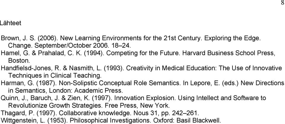 Non-Solipstic Conceptual Role Semantics. In Lepore, E. (eds.) New Directions in Semantics, London: Academic Press. Quinn, J., Baruch, J. & Zien, K. (1997). Innovation Explosion.